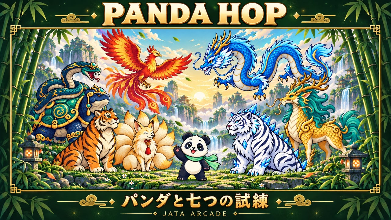 PANDA HOP。朝の森に集まったパンダと七体の守護獣
